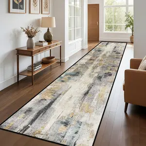 Modern Abstract Runner Rug 2'x10' (60x300cm) - Soft High-Density Suede Hallway Runner, Non-Slip Distressed Gold & Grey Kitchen Floor Mat, Durable Entryway Carpet Runner for Bedroom, Laundry Room