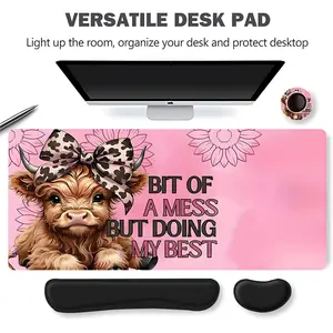 4pcs Highland Calf Inspirational Quote Design Mouse Pad + Keyboard Wrist Rest + Coaster Set For Desktop Decoration, Office Accessories Set Ergonomic Wrist Support, Computer Mat Mouse Pad Coaster Suitable For Home Office Gaming, Non Slip Mousepad