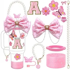 12pcs Tumbler Cup Silicone Accessories Set, Stickers, Pearl Hand Strap, Initial Letter Charm, Butterfly Design, Gift for Holidays, Drink Protector