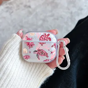 Pink Turtles Pattern TPU Soft Protective Case for Apple AirPods 4/3/2/1/Pro/Pro2 Transparent Earphone Cover with Keychain Attachment