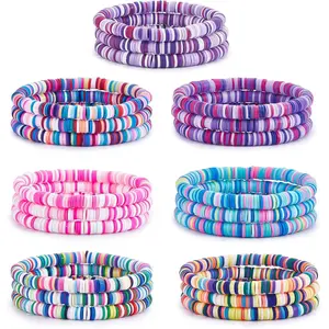 Heishi Surfer Bracelets Set Polymer Clay Heishi Beads Stretch Bracelets Multi-Layer Stackable Friendship Bracelets Bohemia Summer Beach Jewelry for Women