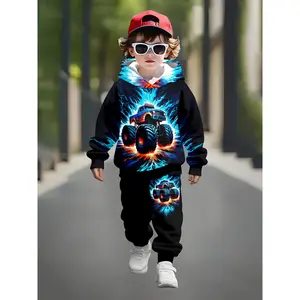 Boys' 3D Print Hoodie & Jogger Set, Vibrant Racing Car Design Long Sleeve Pullover with Hood, Sports Suit For Boy Boy Tracksuit Set, for Outdoor Play, Comfortable Fit Hoodie, Perfect for Outdoor, White Sneakers, Suit For Boys In Autumn