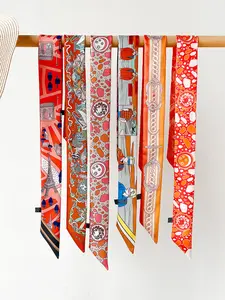 88x5cm Vintage Print Skinny Scarf for Women, Soft Satin Fabric, for Daily Outfit Neck Hair Decor, Boho Retro Casual Style