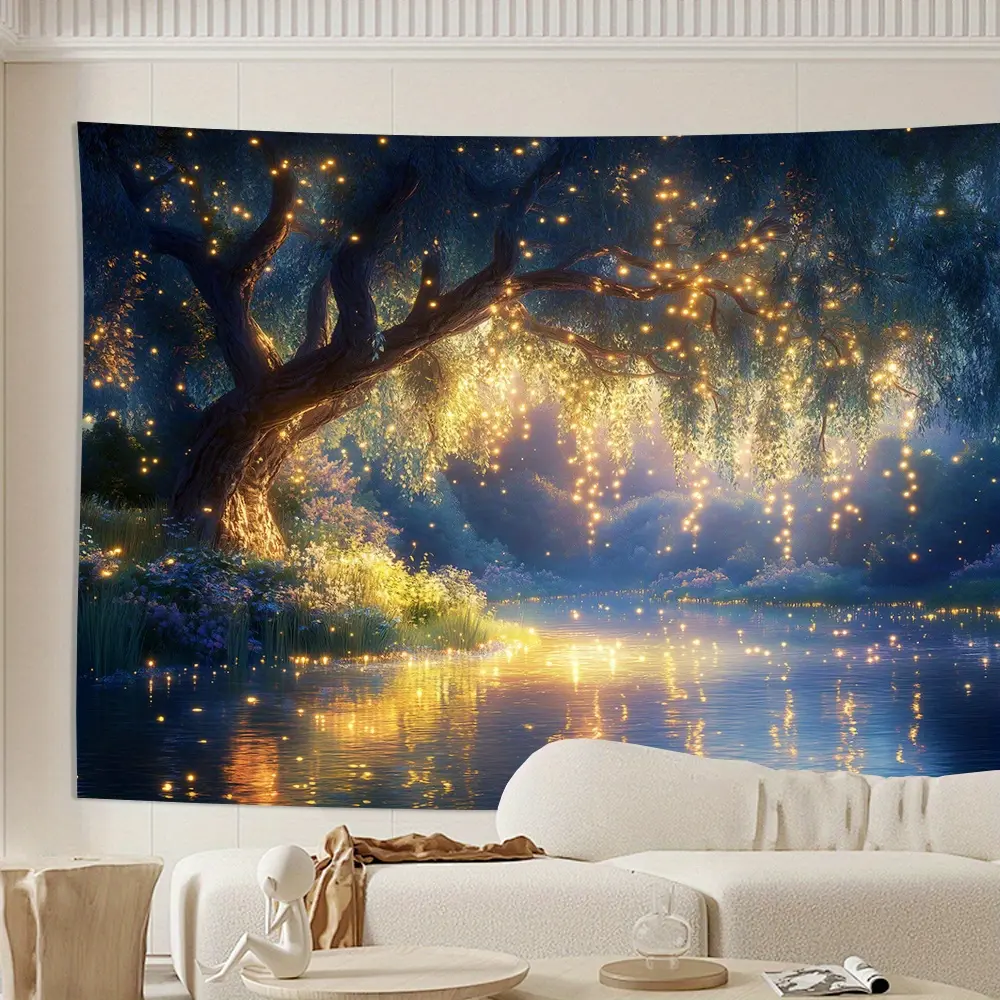 3D Forest Stream Backdrop Tapestry, Polyester Decoration with Glowing Tree, Reflective Glow Water Design, Soft Peach Skin Fabric, Easy Install, Durable, Indoors Room Decorations for Living Room, Party Supplies