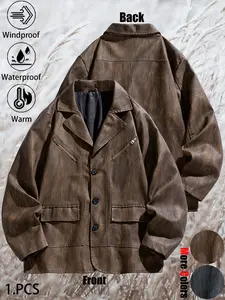 New Men's Casual Fashion Loose-Fit Mid-Length Leather Blazer Windproof, Warm, Waterproof, Durable, Washable, Distressed Finish Business-Style Trench Coat Jacket Ideal for Daily Commuting, Outdoor Adventures, Hiking, and Fishing Outfits