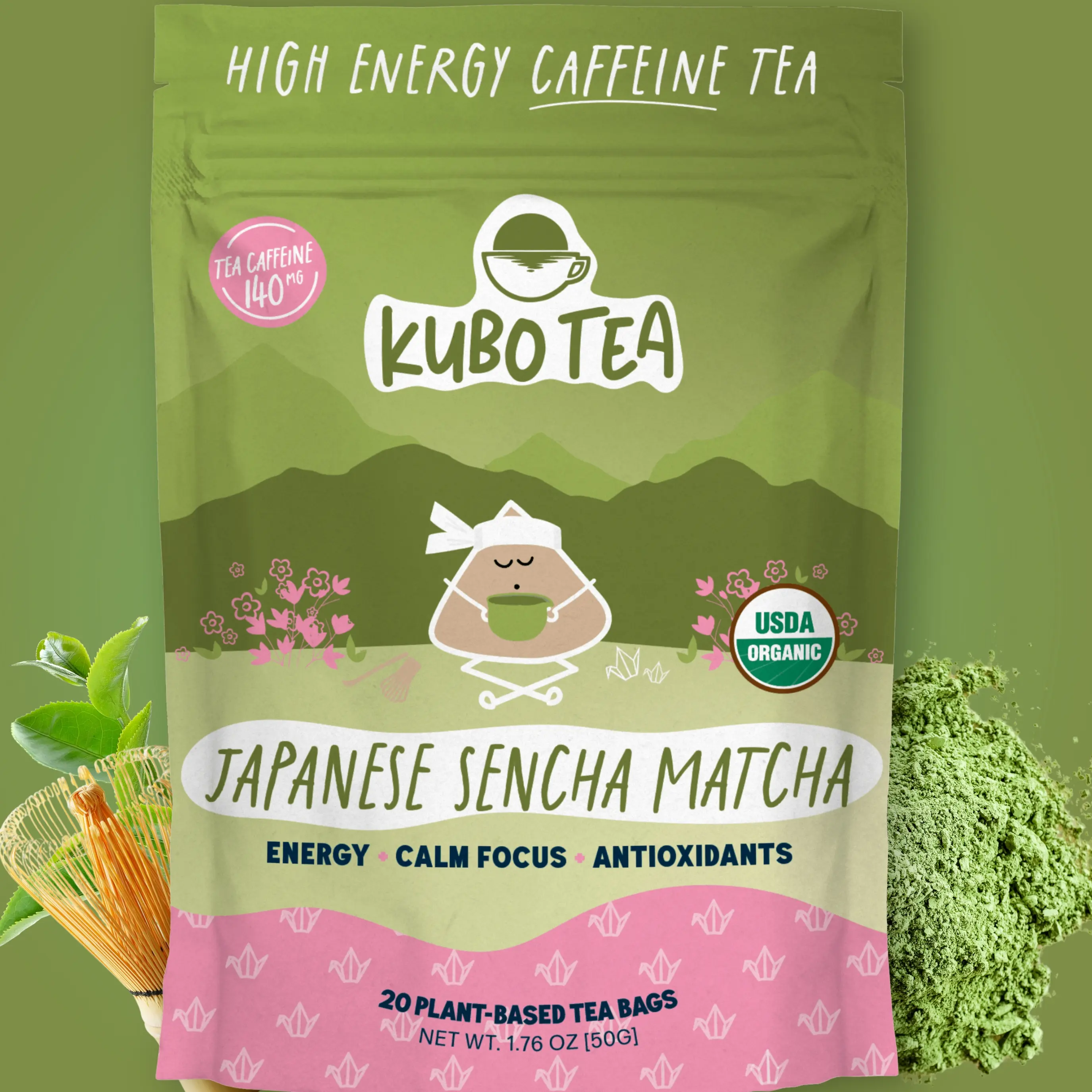 Kubo Tea: Organic Matcha Sencha Green Tea | High Caffeine Tea (140 mg) | Smooth Focus & Energy | Japanese Green Tea Beverage | 20 Ct | Compostable Packaging