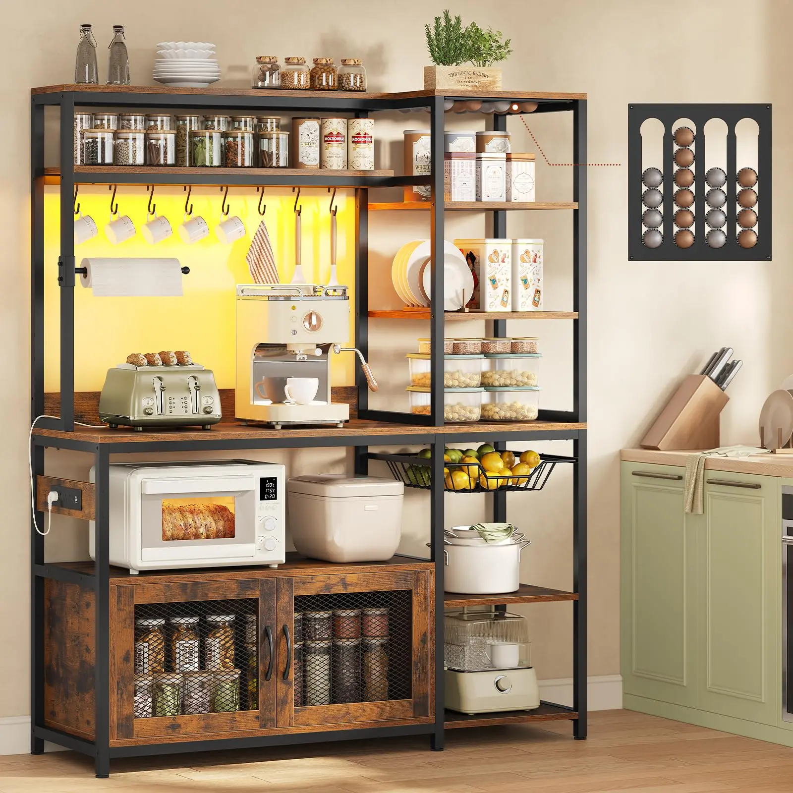 47.2" Bakers Rack with Power Outlet & LED Light, Reversible Coffee Bar with Coffee Pod Holder for Vetuo, Microwave Stand with Storage Shelves, Cabinet, Wire Basket, Paper Holder, 8 Hooks, Rustic Brown