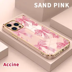Case for iPhone 15 Pro Max 16 14 Plus 13 12 11 X XS Max XR Romantic Bows Luxury Golden Edge Elecroplated TPU Camera Lens Protection Mobile Phone Cover Gift for