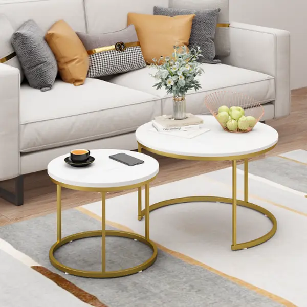 2 Round Stackable Minimalist Nesting Coffee & Side Tables Set of 2, 27.6in MDF Wood Marble Pattern Top, Sturdy Metal Frame, 120lbs Capacity, Exquisite Detail Design for Living Room (Black/White)
