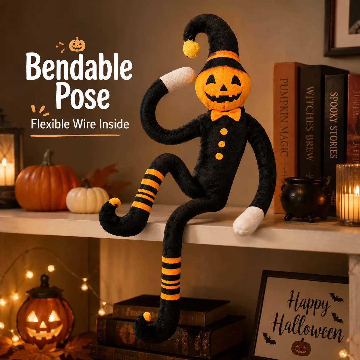 Halloween Bendable Wire Poseable Pumpkin Jack O' Lantern Plush Toy - Soft Fabric Plushie, Spooky Festive Decor for Shelf & Party, Funny Gag Gift for Kids & Adults