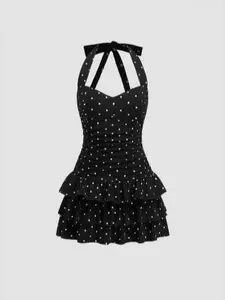 Cotton-blend Halter Neckline Polka Dot Ruched Layered Mini Dress - CIDER