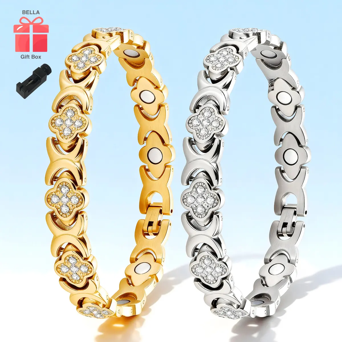 BELLA Women's Fashionable Bracelet - Adjustable Rhinestone-Decorated Bangle with 3800Gauss Ultra-Strength Magnets, Sparkling Cubic Zirconia, Modern Fashion Accessories, Gift Box-Included for Spring Use