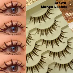 5 pairs Manga Lashes Brown False Eyelashes Natural Look Clear Band Anime Theme Fake Eyelashes Strip Thin Band Spiky Wispy Lashes perfect for daily wear, vacation, Halloween, Christmas, and New Year Makeup Cosmetic
