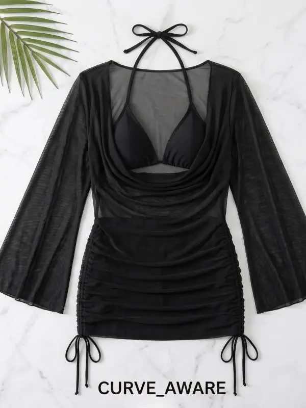 Women's Plussize 3-Piece Bathing Suit Set - Halter Bikini, Bell Sleeve Cover-Up, Beach Outdoor Wear for Seaside Vacations, Swimwear Coverups, Cover Ups Swimsuits