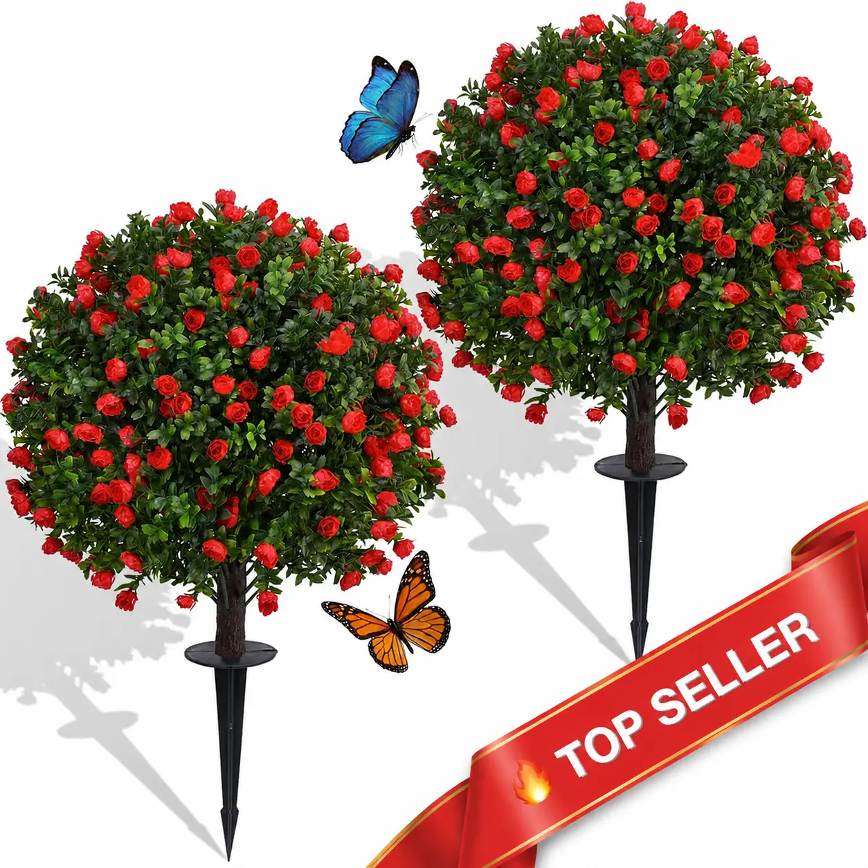 【BACK IN STOCK】Dense Red Rose Artificial Topiary Ball Trees, 2-Pack 24-In Decorative, UV-Resistant No-Fade Fake Plants with Ground Spike, Outdoor Faux Shrubs for Garden Patio Indoor Decor fall decor flower bouquets
