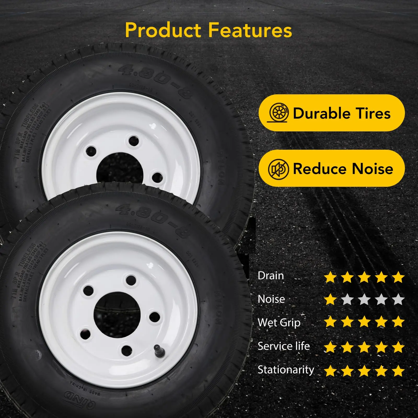Heavy Duty Trailer Tire & Wheel Assembly Set 2 Pack 4.80-12 & 5.30-12 Tires with 12 Inch Rims 4 Lug 4 Inch Bolt Design Load Range C 6 Ply Rated for Utility and Boat Trailers
