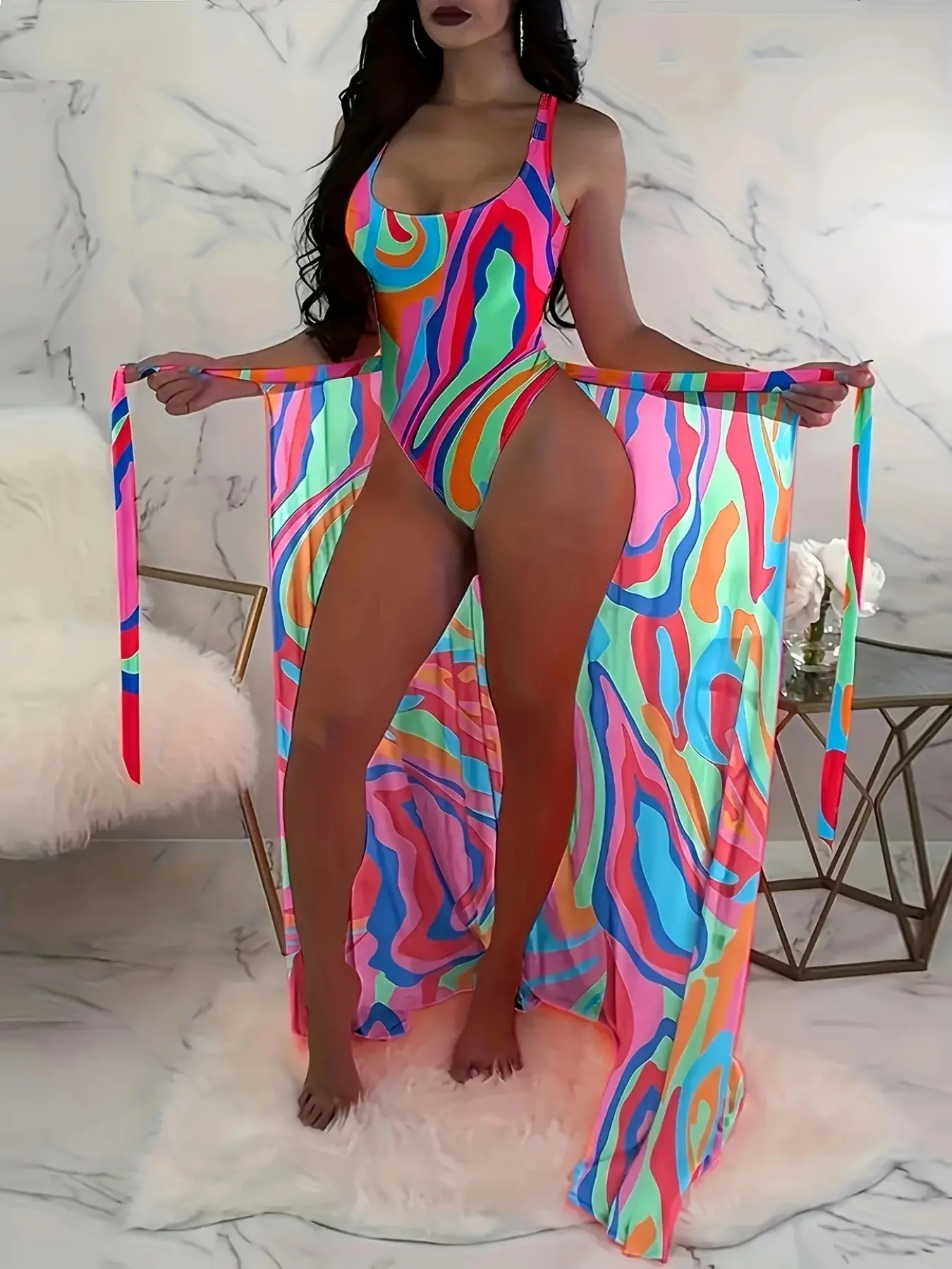 Women's 2-Piece Vacation Casual Swimsuit Set, Mesh Halter Top with Back Tie, Transparent Skirt Cover, Fashionable Beachwear, Swimsuit Cover Ups, Swimwear Cover Up, Swimwear Coverups, Bathing Suit Cover