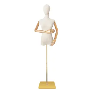 Mannequin Body Female Dress Form Linen Fabric Torso with Detachable Head Adjustable Height Metal Stand Two Wooden Hands Heavy Weight Clothes Display Solid Base Durable Curly Hair wig Decor