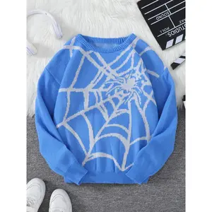 Men's Classic Spider Web Unique Pattern Round Neck Jacquard Sweater, Regular Fit Casual Drop Shoulder Long Sleeve Fitted Jumper for Spring & Fall, Fashion Men's Knitwear for Daily Wear