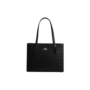 COACH 36 Gold Logo Magnetic Snap Crocodile-Embossed Leather Tote Bag for Women, Large Black