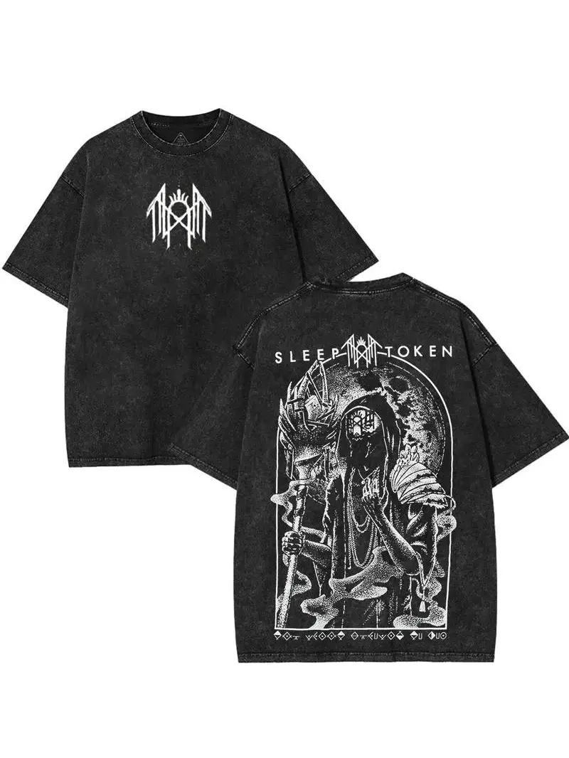 Unisex Vintage Washed Sleep Token Double-Sided Graphic T-Shirt - Mystic Mask Metal Band Oversized Casual Tee, Dark Gothic Streetwear Short-Sleeve, Cold Wash, S/2XL/3XL, For Rock Concert Fans, Menswear Relaxed Fit, Crew Neck, Loose-Fitting, Machine Washabl