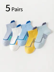 5 Pairs Kids Crew Socks, Youth Boys Low Cut Short Sports Socks, Breathable Sweat Absorbent, Casual Running Basketball Socks