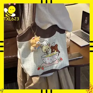 Rilakkuma Large Capacity Canvas Shoulder Bag Cute Cartoon Tote for Commuting Casual Student Use Japanese Style Gifts