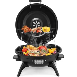 ROVSUN 1600W Tabletop Electric Grill with Temperature Control, Black 304 Stainless Steel Grill w/Double Layer Design, Portable & Removable, Small Stove for Indoor and Outdoor Use