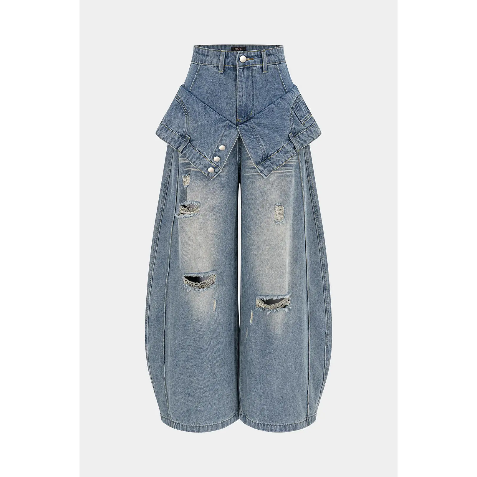 Denim Double Waistband Asymmetrical Ripped Wide Leg Jeans