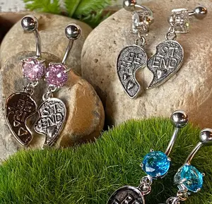 2pc Set of Best Friends Heart CZ Gem Belly Ring Set Pair Navel Piercing Naval