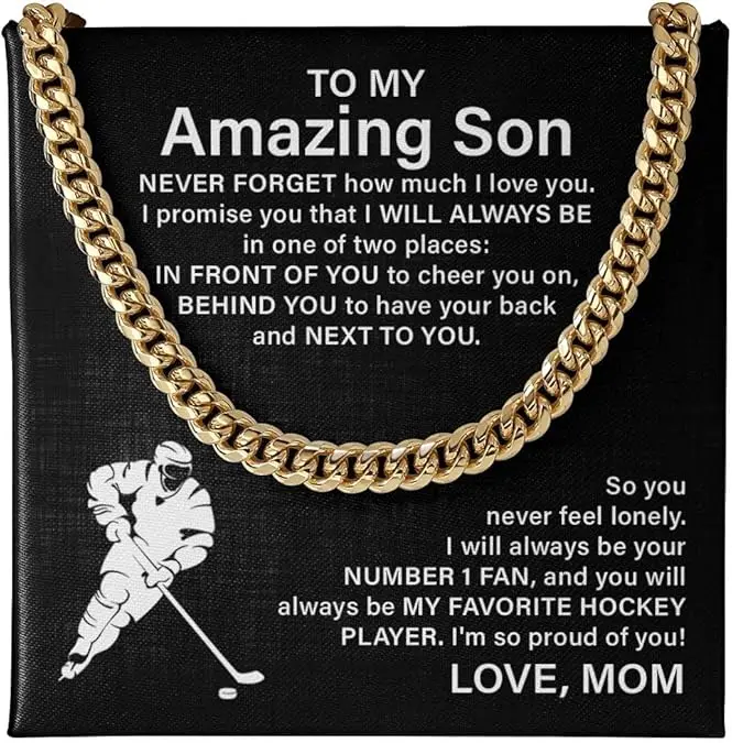 Male Hockey Player Cuban Link Chain Necklace From Mom - Yellow Gold Casual Jewelry - Birthday Gift for Son (Christmas, Graduation Occasions)