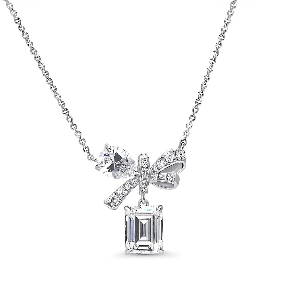 BERRICLE Sterling Silver Bow Tie Ribbon Pendant Necklace for Women, Cubic Zirconia CZ 16 inch