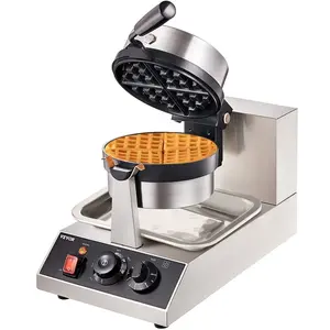 VEVOR Commercial Waffle Maker, 1 Piece per Batch, 1300W Round Waffle Iron, Non-Stick Waffle Baker Machine with 122-572/ 50-300 Temp Range Teflon-Coated Baking Pans Stainless Steel Body, 120V