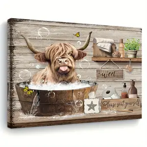 1PC 2D Flat Charming Cute Cow Pattern Highland Cow Canvas Art Vintage Wall Art - 11.8"x15.7" Wooden Frame Wall Decor, Suitable for Living Room, Bedroom, Kitchen, and Office - Perfect Gift Idea, Ideal for Room Decoration