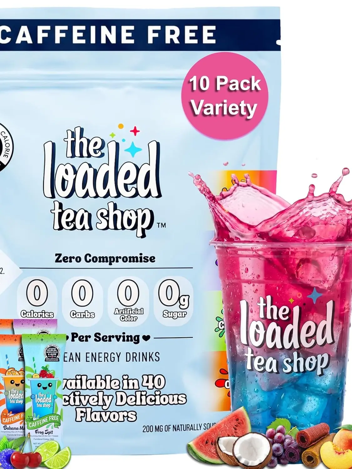 The Loaded Tea Shop Sugar Free Drink Mix Sticks Variety Pack 10 Count Caffeine Free Zero Calorie Powder with B Vitamins Refreshing Beverage Mix