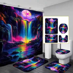 1PC/4PCS 2D flat Neon Waterfall Night Scene Multicolor patterned shower curtain, Waterproof bathroom curtain, with a design for home bathroom decor, set includes 12 hooks, non-slip bath mat, U-shaped non-slip mat, toilet seat cover