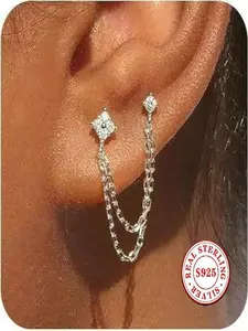 S925 Sterling Silver Double Piercing Connected Chain Earrings for Women, Hypoallergenic Cubic Zirconia Stud Earrings, Dainty Layered Chain Cartilage Earrings, Two Hole Chain Drop Earrings Minimalist Jewelry Gift