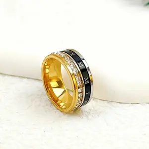 Stress Relief Rotating Ring, Roman Numeral Diamond Star Finger Ring, Artificial Zircon Wedding Promise Ring, Size 6-11, Comfortable Wear, Spinner Rings, Double Layered Ring