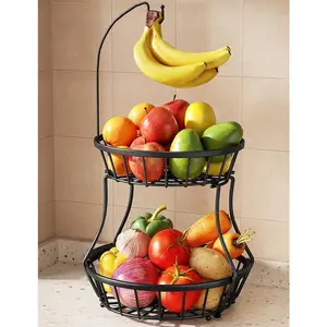 Tall Fruit Basket Bowl Stackable Vegetable Storage with Banana Tree Hanger Stand for Kitchen Countertop, Metal Wire Basket for Bread Onions Potatoes Black