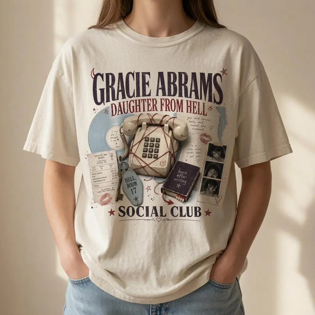 Gracie Abrams Daughter From Hell Social Club T Shirt for Women, Sad Girl Music Graphic Tee, Romantic Indie Album Fan Shirt, Vintage Motel Diary Collage Top, Oversized Comfort Colors Style Concert Outfit, Gift for Gracie Fans