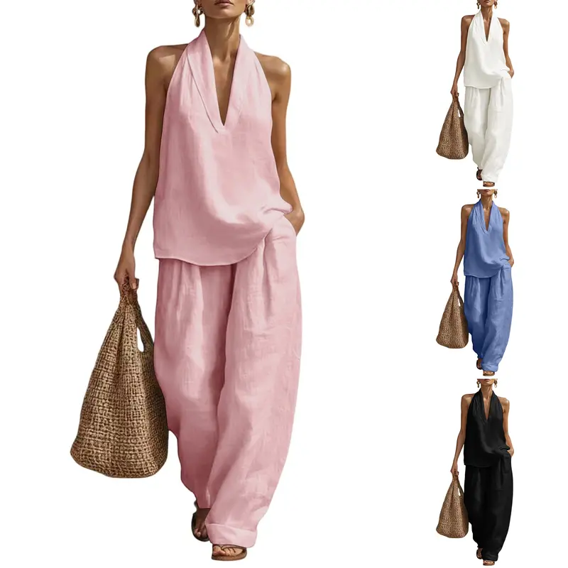 Yeokou Women Halter Deep V Neck 2 Piece Cotton Linen Set Sleeveless Top Wide Leg Pants Summer Lounge Outfit