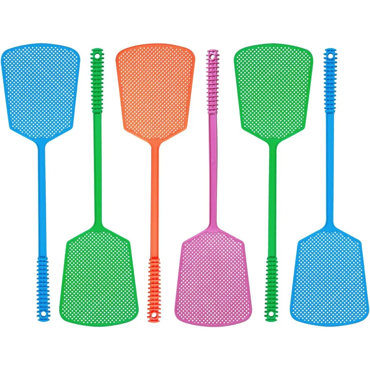 Durable Plastic Heavy Duty Fly Swatter Set, 6 Pack, Colorful, Long Handle, Non-Slip, for Indoors, Classroom, Office and Outdoor