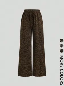 Women's Casual Leopard Print Wide Leg Pants, Loose Fit High Waist Trousers, Comfortable Fashion Bottoms for Daily Wear