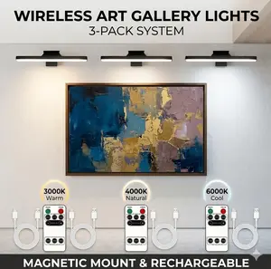 Wireless LED Picture Lights (3-Pack), Rechargeable Battery Operated Wall Sconce with Remote, 3 Color Temperatures & Dimmable Art Light for Gallery, Painting, Frame & Dartboard, Black lamps Adjustable Display Ceiling DIY Night