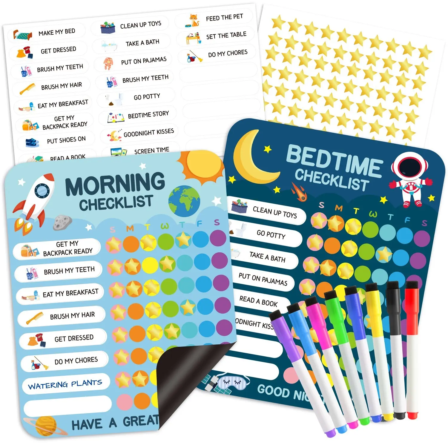 Morning & Bedtime Routine Chart Poster for Kids, Magnetic Sticker Daily Visual Schedule, Toddler Checklist Reward Chart, Teaching Supplies & Visual Learning Tools, Learning Materials, School Supplies, Classroom Supplies Charts