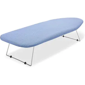 tabletop ironing board with a scorch-resistant blue cover, durable steel mesh top, foldable legs for easy storage, and stable, non-slip protectors.
