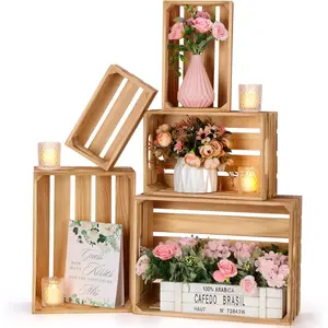5 count Decorative Nesting Wooden Crates for Storage Display 5 Size Large Small Rustic  Decorative Storage Crates with Handle Farmhouse Crate Box Container Made from Pine(Classic Color)