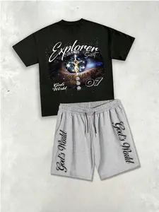 Men's Y2K Christian Streetwear 2 Piece Outfit - Oversized "God's World" Eye Cross Graphic Tee & Drawstring Casual Shorts, Heavyweight Cotton, Breathable Summer Tracksuit for Daily Streetwear & Church Fits