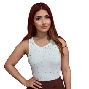 Sabrina Rhinestone Bodysuit - Tank Top Bodysuit Front Silver Rhinestone Short Sleeveless Crewneck Everyday Elegance Minimalist Style Basic Casual Wear