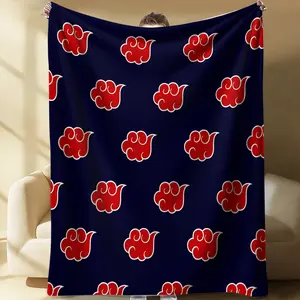 Naruto Akatsuki Red Cloud Repeat Print Flannel Blanket, Dark Blue Red Clouds Cozy Soft and Warm Machine Washable Blanket